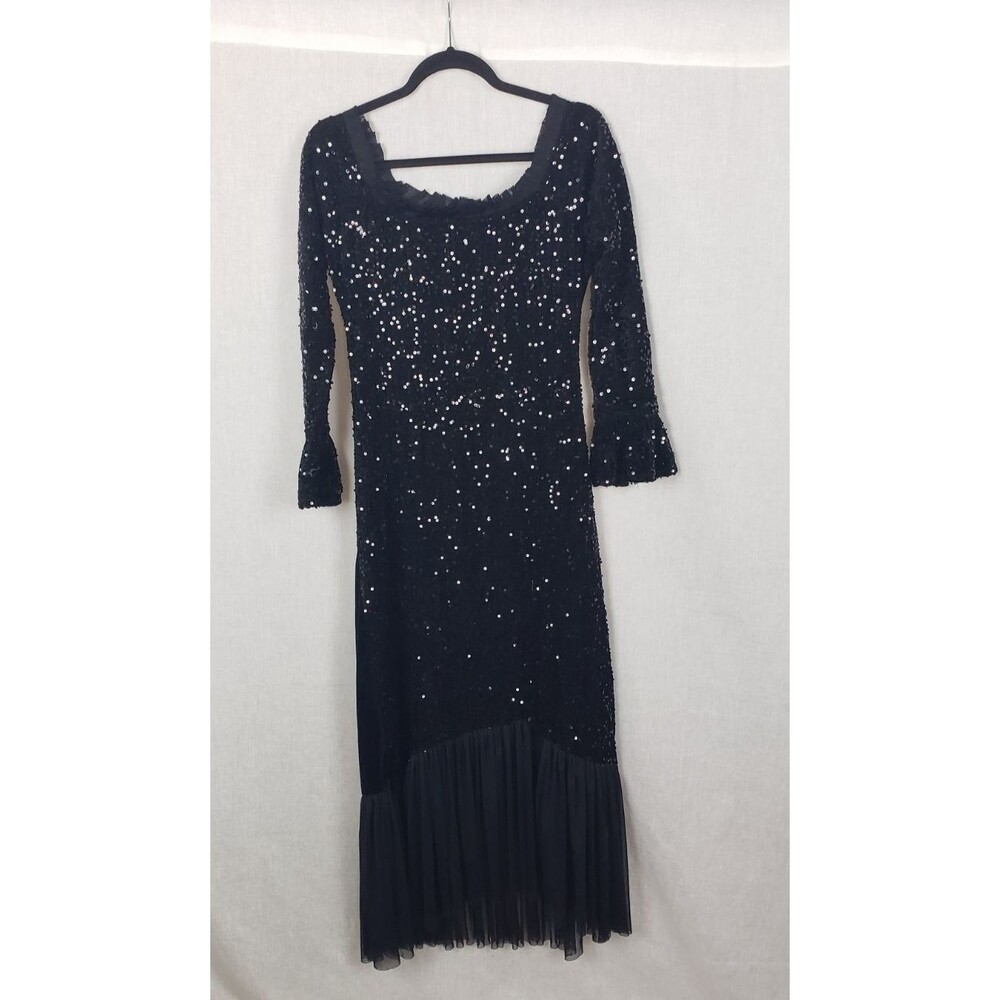 Gothic Velvet Dress L Black Sequined Mesh Hem Elvira Vampire Witchy Halloween